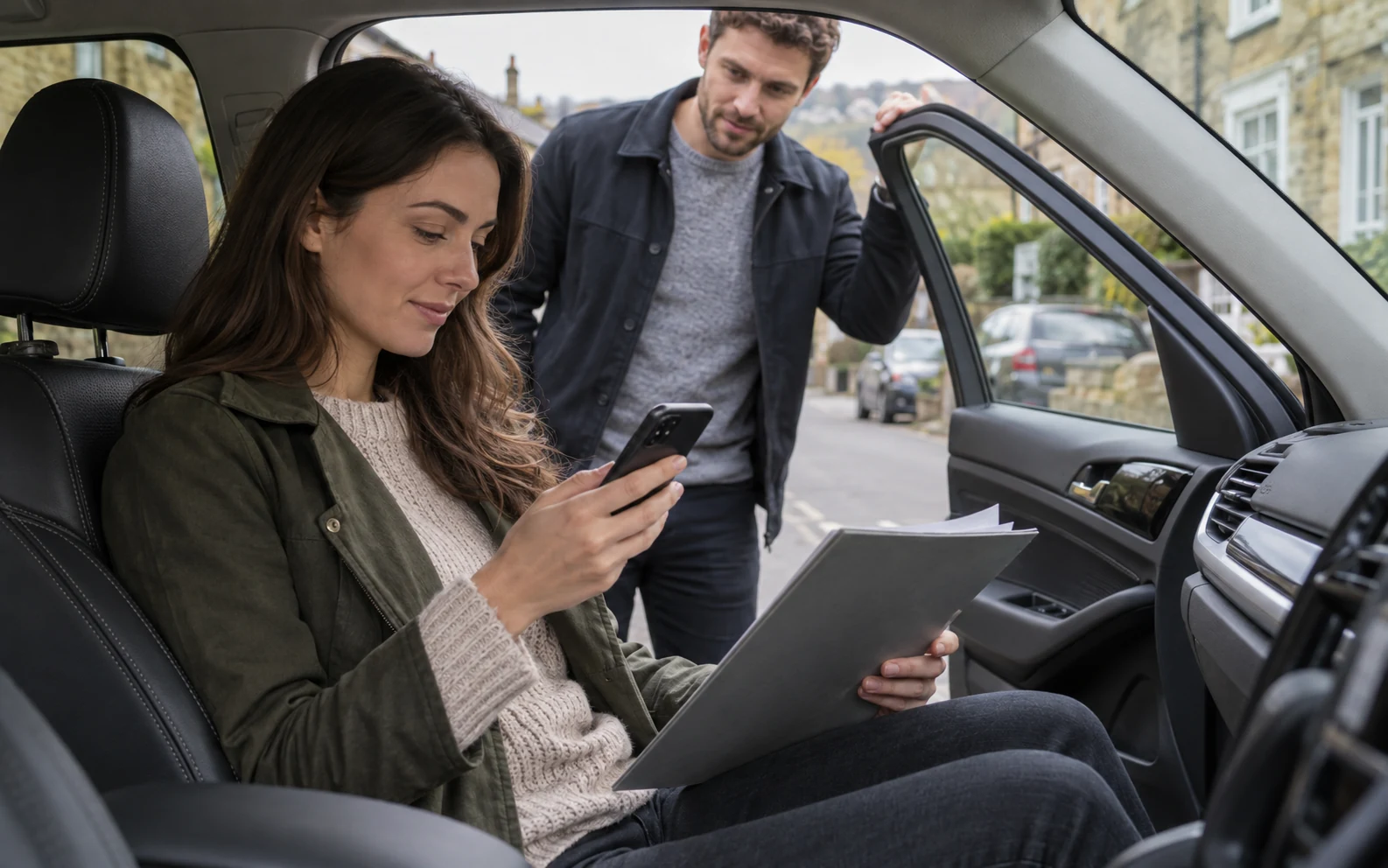 Driver reviewing cover details inside a parked car